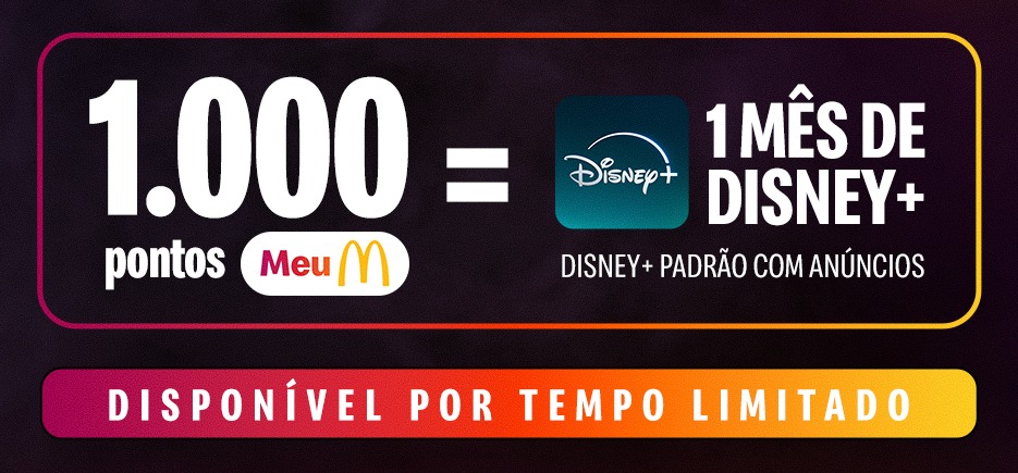 Para celebrar os 3 anos do aplicativo Meu Méqui e seus 23 milhões de usuários, o McDonald's fechou uma parceria com o Disney+. Com apenas 1.000 pontos, os clientes conseguem resgatar um cupom que garante um mês de assinatura grátis.